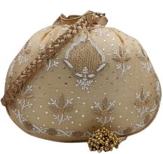Traditional Gold-Beige Chikankari Silk Round Potli Bag